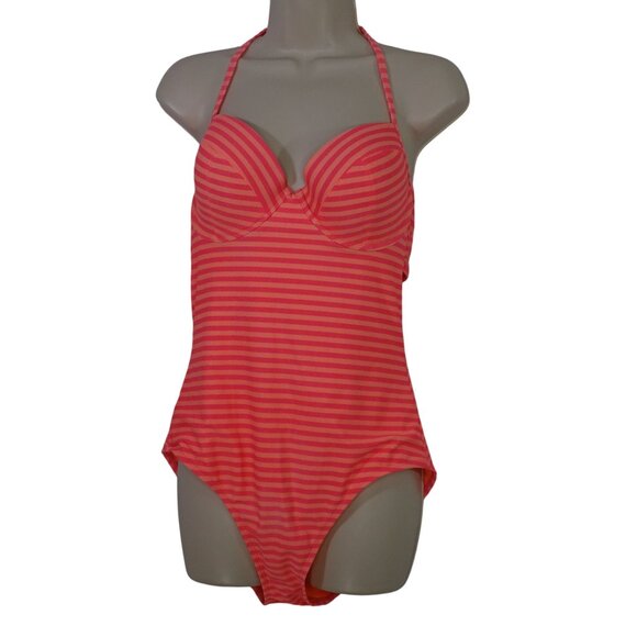 Old Navy Orange Pink Striped One Piece Swimsuit Women Size L Padded Underwire - Picture 1 of 8